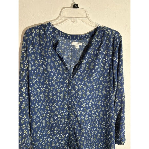 Jachs Girlfriend Women’s Blue 3/4 Sleeve Blouse Large Button Up Floral - Picture 7 of 8